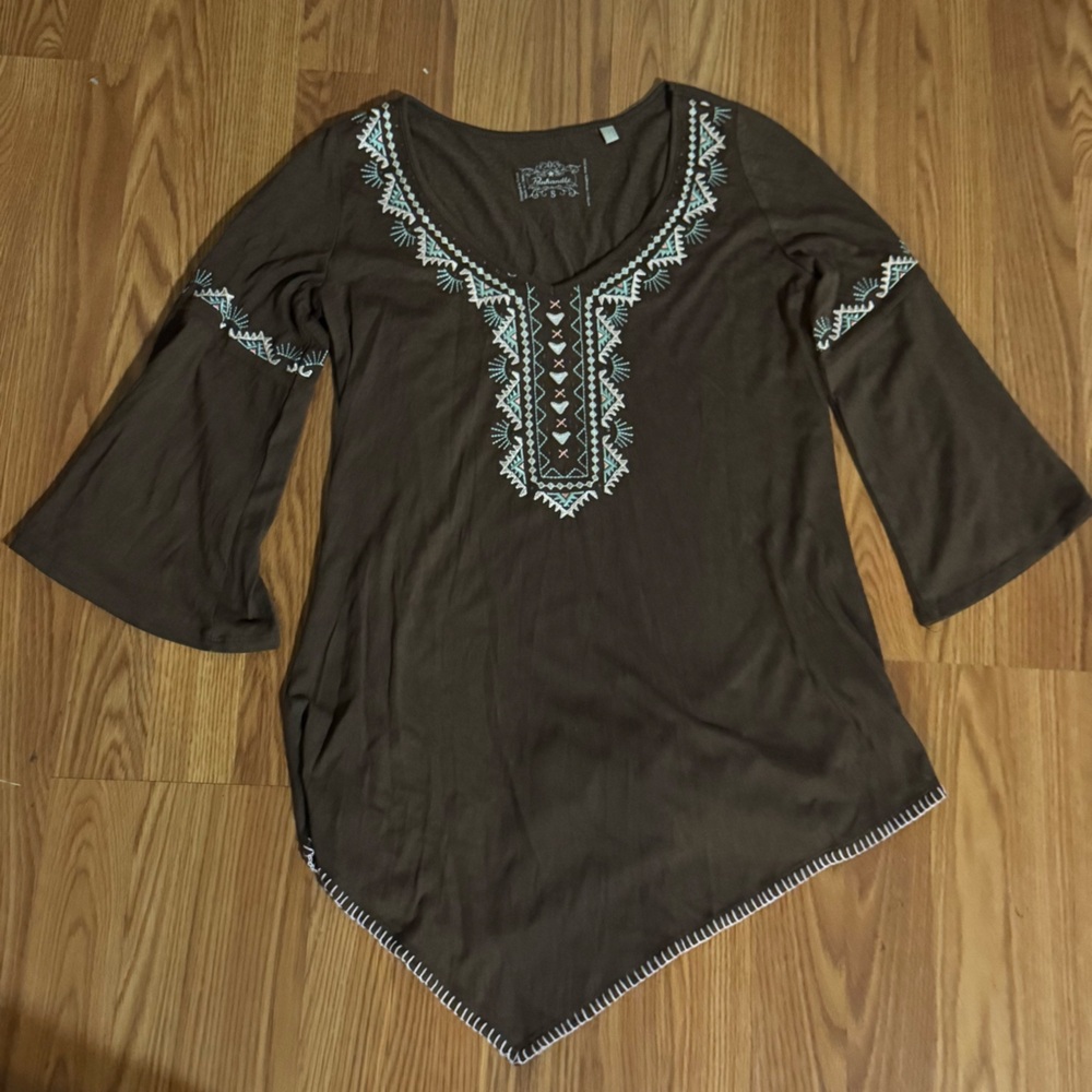 Panhandle Western‎ Brown Embroidered Women's 3/4 Sleeve Top Size S Y2k Tribal